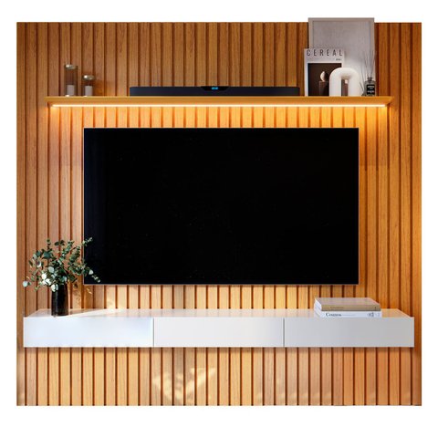 Estante Home para Sala Tv 75 Polegadas Ripado Cleean 2.2 Naturale com Off White - Moveisaqui