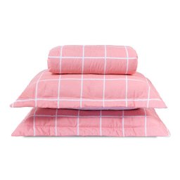 Colcha Casal 3 Peças Algodão Cobre Leito Percal 160 Fios Classic:grid Rosa - 3