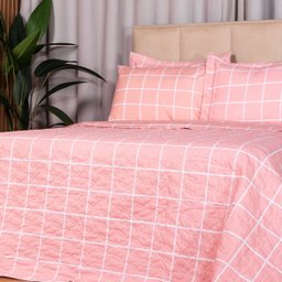 Colcha Casal 3 Peças Algodão Cobre Leito Percal 160 Fios Classic:grid Rosa - 4