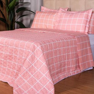 Colcha Casal 3 Peças Algodão Cobre Leito Percal 160 Fios Classic:grid Rosa