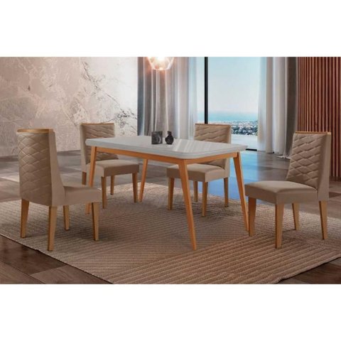Sala Jantar Mesa Havana Tampo C/ Vidro Curvo 120cm+4 Cadeiras Dafne Madeira Naturale/off White -