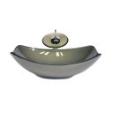 Ver imagem 1 de CUBA DE VIDRO OVAL CHANFRADA 51CM OURO ENVELHECIDO + VALVULA + TORNEIRA CASCATA