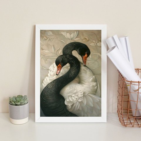 Quadro Decorativo Cisnes Branco e Negro 45x34cm:moldura Preta
