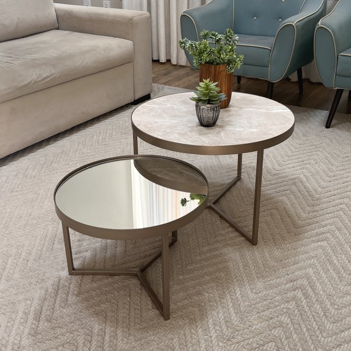 Conjunto Mesa de Centro Redonda Dallas Marmo Areia com Espelho - Champagne