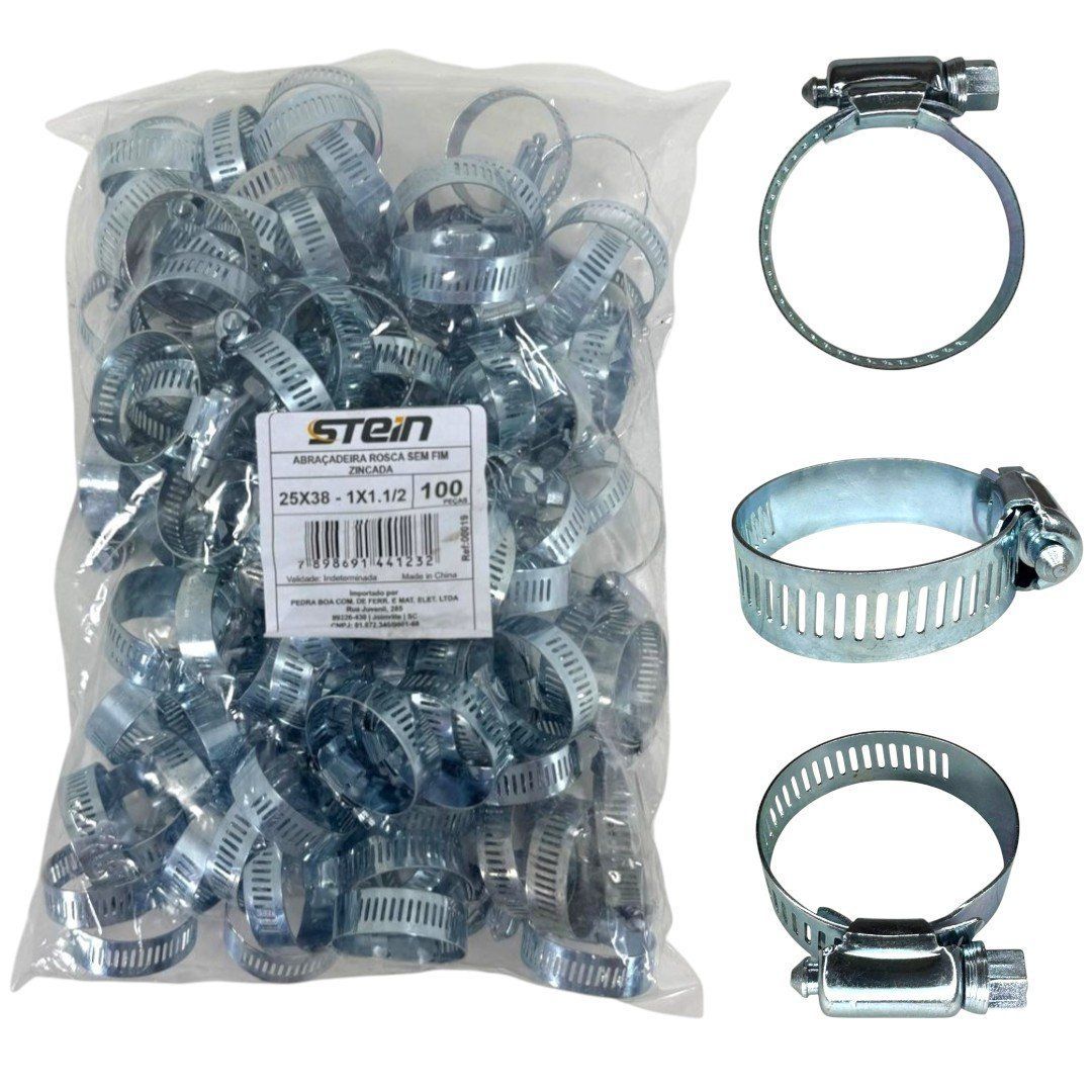 Kit 100 Abraçadeiras Rosca sem Fim Galvanizada 25mm X 38mm 1x1.1/2 ...