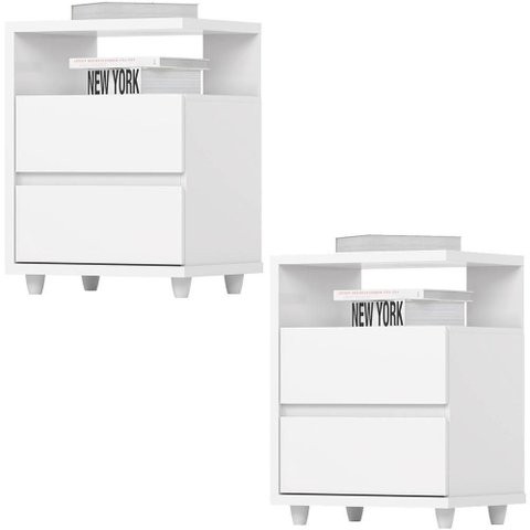 Kit 2 Mesas de Cabeceira 2 Gavetas 48 Cm Campeche Henn Branco
