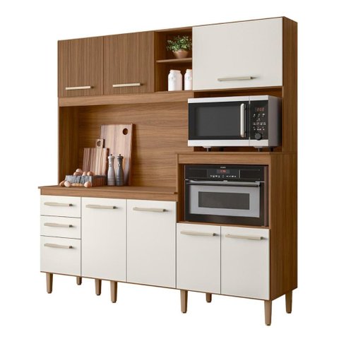 Armario de Cozinha Piatã com 7 Portas e 3 Gavetas 190 Cm Ipe/off White/ripado