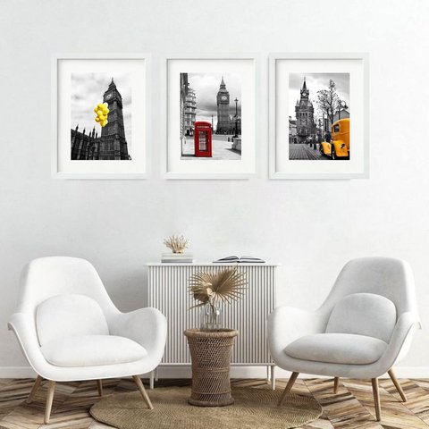 Kit 3 Quadros Grandes Londres - 60x48cm:moldura Branca