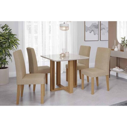 Conjunto: Mesa de Cozinha Flora Tampo Madeirado C/ Vidro 95x95cm e 4 Cadeiras Maia Cinamomo/off