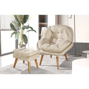 Poltrona+puff Sênior Suede Premium com Pés de Madeira:bege