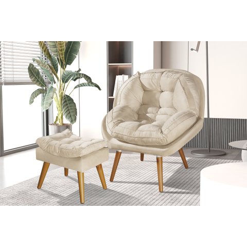 Poltrona+puff Sênior Suede Premium com Pés de Madeira:bege