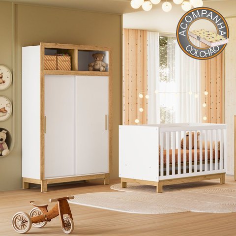Quarto de Bebê com Berço Slim 4315 e Roupeiro 5085 Flora Branco Acetinado Qmovi + Colchão Gazin