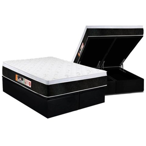 Cama Box Baú Queen: Colchão Espuma D45 Castor Black e White Air Euro Pillow + Base Black(158x198)