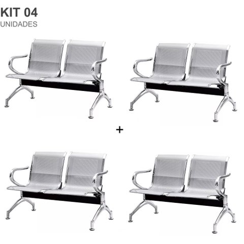 Kit com 4 Cadeiras Longarina Aeroporto Cromada 2 Lugares