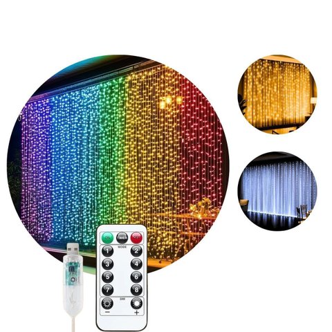 Cortina 300 Led 3x3m Colorido Rgb Pisca 8 Modos de Iluminação Usb Luz Fada Decoração Natal Festa