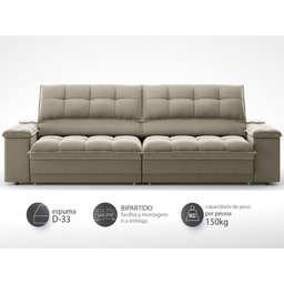 Sofá com Porta Copos e Carregador Usb Ret Rec Luke 2,90m Veludocristal Fendi - Netsofas - 3