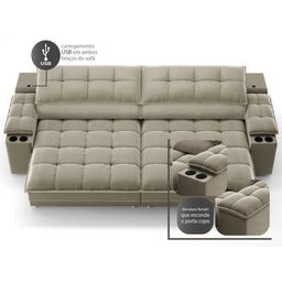 Sofá com Porta Copos e Carregador Usb Ret Rec Luke 2,90m Veludocristal Fendi - Netsofas - 6