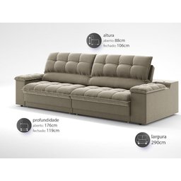 Sofá com Porta Copos e Carregador Usb Ret Rec Luke 2,90m Veludocristal Fendi - Netsofas - 2