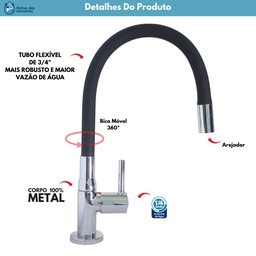 Torneira Gourmet Cozinha Metal Tubo Silicone Preta Robusta Premium Mesa 1/4v - 10