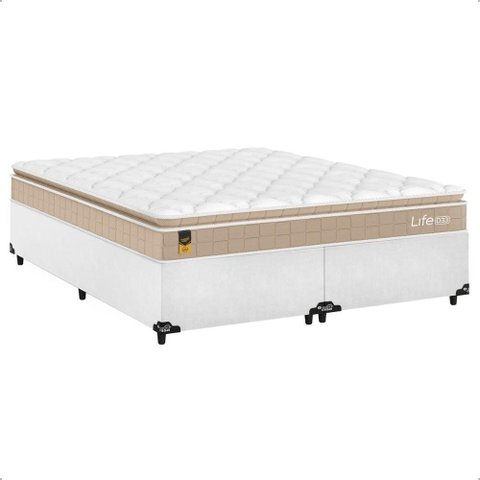 Cama Box Queen Couro Branco + Colchão Life D33 Pillow Top Bege 56x158x198cm - e-Shop Casa