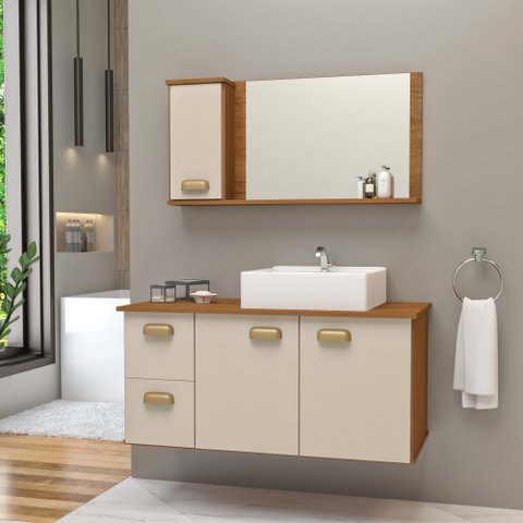 Conjunto Gabinete Banheiro Lisboa MDF 80cm com Cuba e Espelheira:Areia