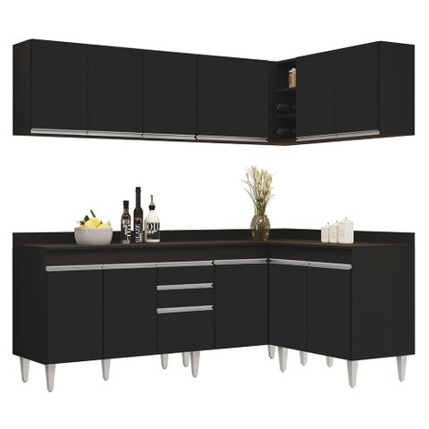 Armário de Cozinha Modulado de Canto 6 Peças Cp29 Balcão com Tampo Preto - Lumil Lumil Móveis
