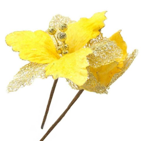 Kit 2 Flores com Cabo Artificial Decoração de Natal com Glitter 27cm