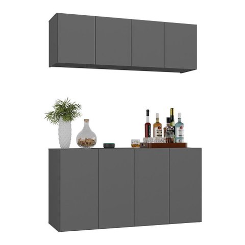 Kit Bar Armário Aéreo e Aparador 4 Portas Multimóveis Mp1075 Grafite