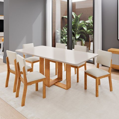 Conjunto Sala de Jantar 6 Lugares Jady Tampo Retangular MDF Bege