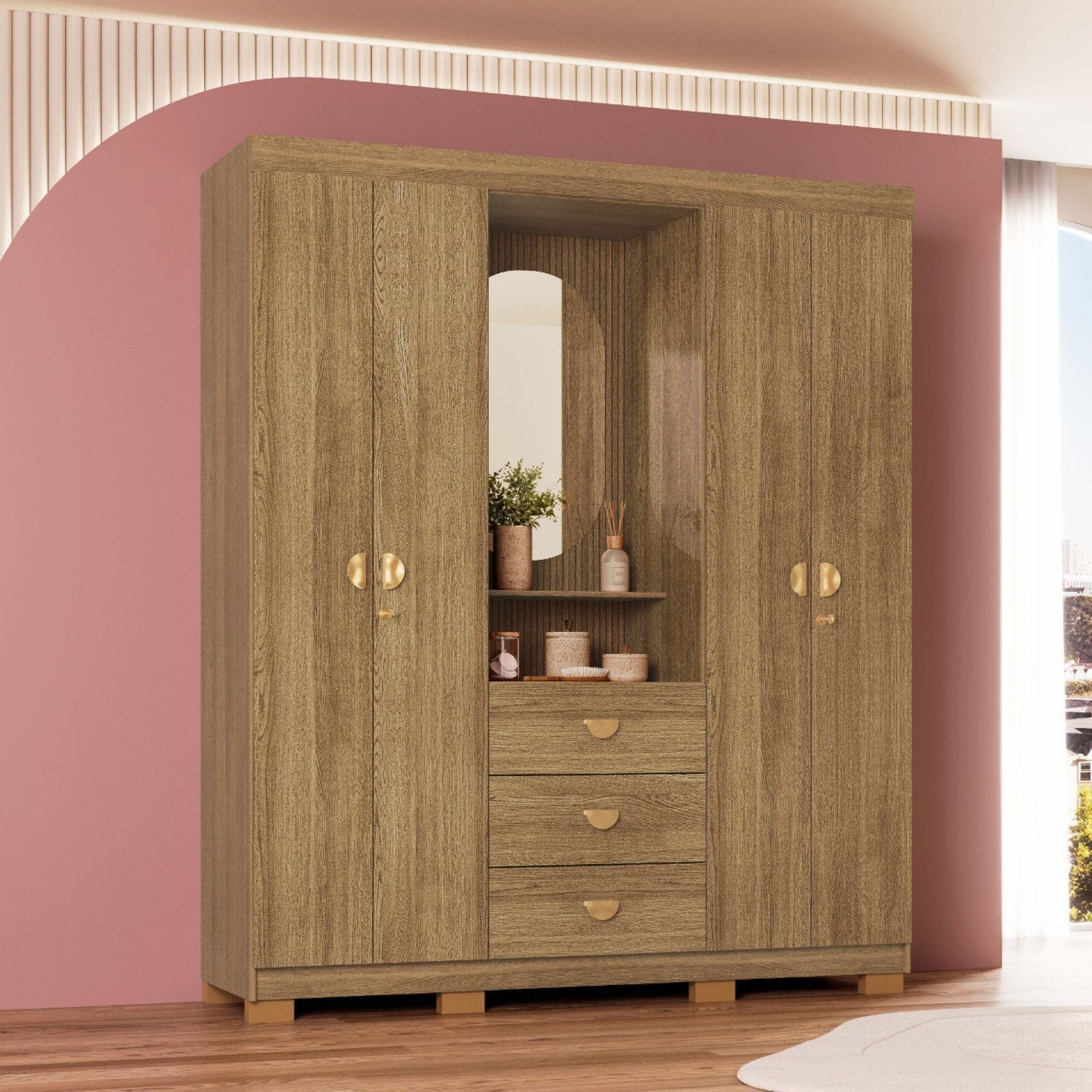 Guarda-Roupa Casal Capelinha 4 Portas 3 Gavetas Espelho Aurora