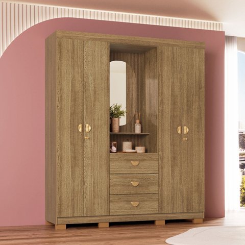 Guarda-Roupa Casal Capelinha 4 Portas 3 Gavetas Espelho Aurora Nature Brisa Marrom
