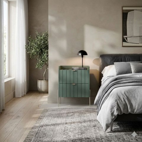 Mesa de Cabeceira 2 Gavetas Verde MDF para Quarto Pés de Ferro Champagne