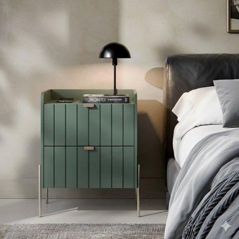 Mesa de Cabeceira 2 Gavetas Verde Fendi para Quarto Cama Casal/queen Pés Champagne