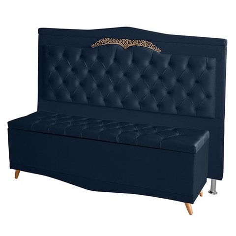 Kit de Cabeceira de Cama Box e Calçadeira Baú Helena Casal 140 Cm Retro Capitonê Suede Azul Marinho