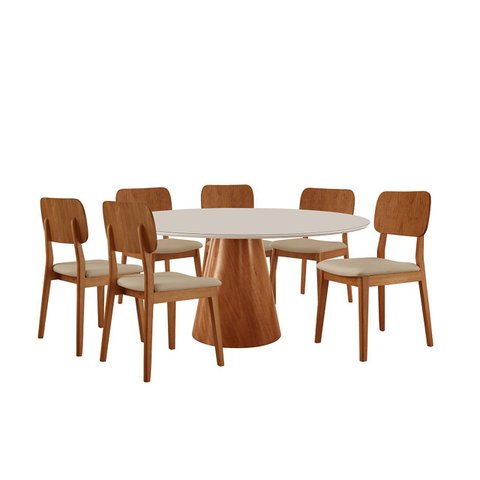 Conjunto Sala de Jantar Mesa Gênova 1.30cm Tampo Redondo Vidro/mdf Off White com 6 Cadeiras Valença