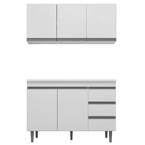 Balcão Gabinete Andréia com Tampo 120cm 2 Portas e Armário Aéreo 3 Portas Branco - Desk Design