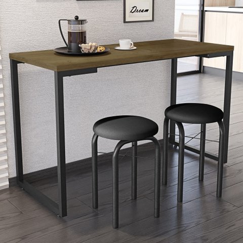 Conjunto Mesa de Cozinha Prattica Industrial 120cm com 2 Banquetas F02 Castanho/Preto - Mpozenato