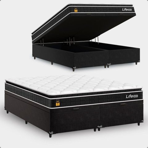 Cama Box Baú Bipartido Queen + Colchão Life D33 Pillow Top 61x158x198cm - Preto - e-Shop Casa