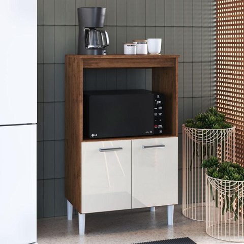 Balcão Cozinha Multiuso 65cm Forno e Microondas 2 Portas Armário Off White