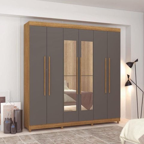 Guarda Roupa Casal Aurora 6 Portas de Bater 2 Gavetas MDP com Espelho Nature Alasca