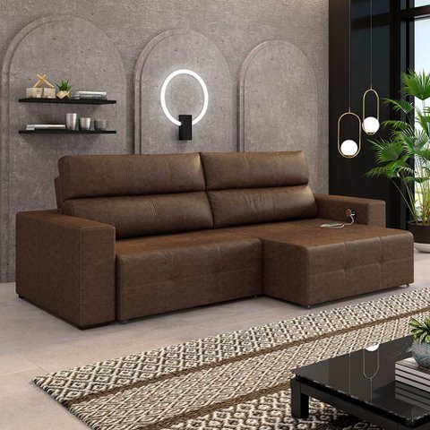 Sofá Retrátil 3 Lugares 244cm 2 Módulos Nero com Usb Couro Manchado G52 - Gran Belo