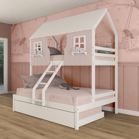 Treliche Casal/ Solteiro Casinha Encantada Madeira Maciça Rosa/ Branco Megamobilia