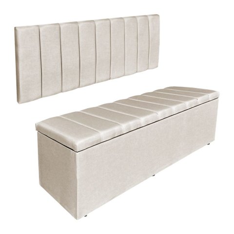 Kit Cabeceira Painel e Calçadeira Baú Casal 1,40m Londres Suede Bege Dal Poz Estofados