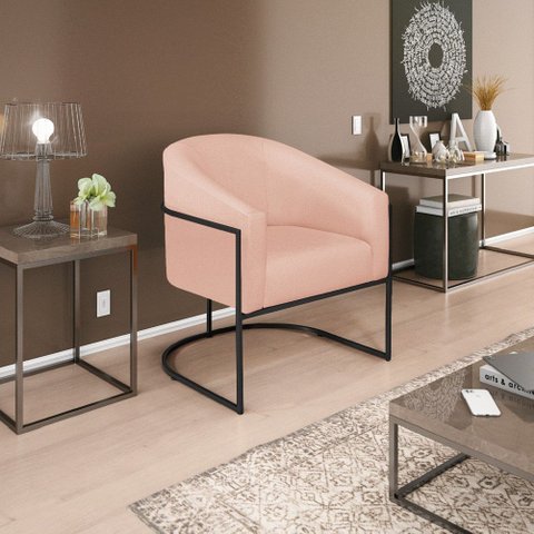 Poltrona Decorativa Sala de Estar Recepção Luiza Base de Ferro Preto Suede Rosê - Amarena Móveis