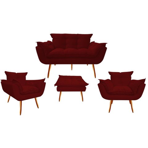 Kit Namoradeira + 2 Poltronas + 1 Puff Decorativo Opala Suede Marsala Pés Madeira Ms Decor