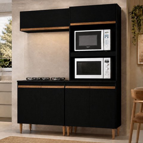 Kit Cozinha Modulada Milão Balcão Cooktop Menu Móveis Preto