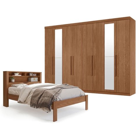 Guarda Roupa Casal 8 Portas 4 Gavetas Master New com Espelho e Cama Casal Invicta Jatobá Acetinado -