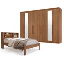 Ver imagem 1 de Guarda Roupa Casal 8 Portas 4 Gavetas Master New com Espelho e Cama Casal Invicta Jatobá Acetinado -