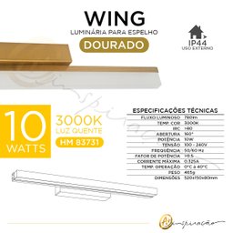 Luminária para Espelho Banheiro Arandela Wing Dourado Ip44 - 5