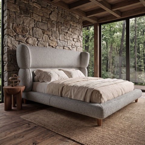 Cama Box Base King com Cabeceira Mochi 193x203 Estofada Orgânica Japonesa Bouclê Cinza - Desk Design